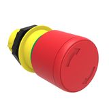 Mushroom head pushbutton actuator Ø22mm Platinum series chromed plastic, latch, turn to release, Ø30mm. For emergency stopping. ISO 13850. Red