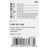 32-piece screwdriver bit set PH1; PH2; PH2; PH3; PZ1; PZ2; PZ2; PZ3; HEX 3; HEX 4; HEX 5; HEX 6; T10; T15; T20; T20; T25; T27; T30; T40