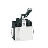 Limit switch, K series, roller side push lever, 2 side cable entry. Dimensions compatible to EN 50047, metal body, contacts 1NO+1NC slow action. Plastic roller