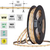 LED strip COB WW, 480LED/m, 10W/m, DC 24V, 985lm/m, CRI90, IP20, 10mm, 50m