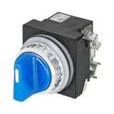 Illuminated knob selector switch, blue, 3-position, Cam O led BA9S, spring return to Centre, 2 N.O.