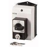 T0-2-1/I1/SVA(A) ON-OFF switches, T0, 20 A, surface mounting, 3 pole, with black thumb grip and front plate, Cylinder lock SVA
