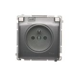 IP44 single socket outlet with shutters - transparent flap, Inox, metallized, 16A