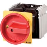 Main switch, T5, 100 A, rear mounting, 2 contact unit(s), 4 pole, Emergency switching off function, With red rotary handle and yellow locking ring