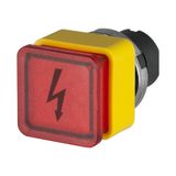 Red square projecting push-button, illuminated, with voltage symbol