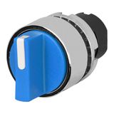 Knob selector switch, blue, 3-position, Cam T, spring return from RH, metal