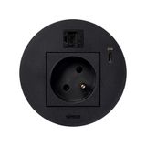 Furniture power socket (pin grounding) with USB-C 20W charger and RJ45 connector cat. 6 UTP (Keystone), Simon 400 Flash 90, IP20, 16A, black, Mount. dimen.: Ø80mm