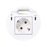 Furniture power socket (schuko grounding) with USB-C 20W charger, USB Type C DATA port and grommet (cable outlet)- 1x HDMI + LAN + 3x USB Type A docking station included, Simon 400 Flash 90, IP20, 16A, white, Mount. dimen.: Ø80mm