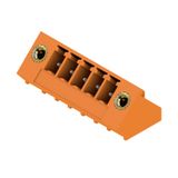 PCB plug-in connector, male header, Flange, THT solder connection, 3.81 mm, Number of poles: 5, 135°, Solder pin length (l): 3.2 mm, tinned, orange, Box