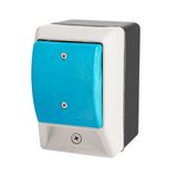 Palm switch, momentary, blue dome button, with enclosure