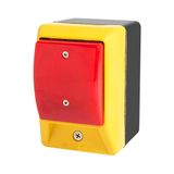 Emergency stop palm switch, illuminated, momentary, red dome button, with enclosure