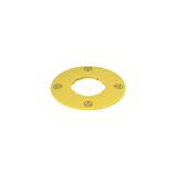 Label with shaped hole, Ø 60 mm yellow disc, writing: acc. to ISO 13850