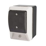 Palm switch, momentary, black dome button, with enclosure