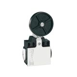 Limit switch, K series, roller lever plunger, 2 side cable entry. Dimensions compatible to EN 50047, metal body, contacts 1NO+1NC slow action make before break. Rubber roller