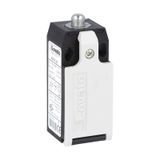 Limit switch, K series, top push rod plunger, 1 bottom cable entry. Dimensions to EN 50047, plastic body, contacts 2NC slow action. Metal plunger