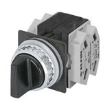 Knob selector switch, black, 3-position, Cam O, spring return from LH, 2 N.O.+2 N.C.