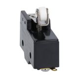 Plastic micro switch, K series, roller centre push lever. 26.6mm/1.05in long lever. Contacts 1NO/NC. Solder terminals