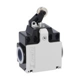 Limit switch, K series, roller centre push lever, 2 side cable entry. Dimensions compatible to EN 50047, metal body, contacts 1NO+1NC slow action make before break. Metal roller