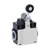 Limit switch, K series, roller lever plunger, 2 side cable entry. Dimensions compatible to EN 50047, metal body, contacts 2NC slow action. Plastic roller