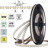 LED strip SMD2835 WW, 240LED/m, 6W/m, DC 24V, 470lm/m, CRI90, IP20, 8mm, 5m