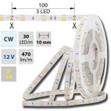 LED strip SMD5050 CW, 30LED/m, 7,2W/m, 470lm/m, IP54, DC 12V, 10mm, 5m