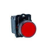 Illuminated pushbutton, Harmony XB5N XB7N, plastic, flush, red, 22mm, spring return, 230V AC, 1 NC