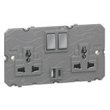 Multistandard 2x2P+E switched 2 gang socket outlet Arteor 16 A 250 V~/ 15 A - 127 V~ with USB charger - magnesium