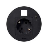 Furniture power socket (schuko grounding) with USB-C 20W charger and RJ45 plate (keystone), Simon 400 Flash 90, IP20, 16A, black, Mount. dimen.: Ø80mm
