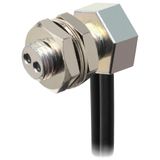 Fiber optic sensor head, diffuse, M6 hexagonal back, right-angled head, integrated lens, R2 flexible fiber, 2 m cable E32 1595B
