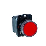 Illuminated pushbutton, Harmony XB5N XB7N, plastic, flush, red, 22mm, spring return, 110V AC, 1 NC