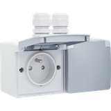 Splashproof double horizontal wall socket with pin earthing, shutters and plug-in terminals; includes surface-mounting box with two inputs on the upper side, grey