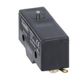 Plastic micro switch, K series, top push rod - metal plunger. Pin. Contacts 1NO/NC. Solder terminals