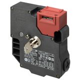 Guard Lock Safety-door Switch/Slide key, M20, 2NC/1NO + 2NC/1NO, Plastic, Mechanical lock/24 VDC solenoid release, 24 VDC(greenLEDindicator), Trapped key01 D4JL0102B