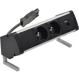 Desk socket set: 2x250V type E + USB A+C charger, Wieland quick connector; aluminum black