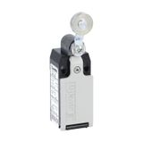 Limit switch, K series, roller lever plunger, 1 bottom cable entry. Dimensions to EN 50047, metal body, contacts 2NO slow action. Metal roller