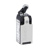 Limit switch, K series, roller centre push lever, 1 bottom cable entry. Dimensions to EN 50047, metal body, contacts 2NO+1NC slow action. Metal roller