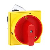 Rotary cam switch 7GN series, ON-OFF switch 4 poles 20A, for front mounting with red/yellow handle padlockable in 0 and protection covers, front plate 65X65mm