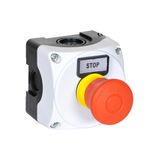 Control station, complete with 1 pushbutton, GREY, 1 hole LPZP1A8 with 1 E-STOP pushbutton LPCB6744