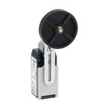 Limit switch, K series, adjustable roller lever, 1 bottom cable entry. Dimensions to EN 50047, metal body, contacts 1NO+2NC slow action. Rubber roller with offset alignment