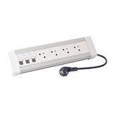 Desk unit with 3m cord and 2P+E plug equipped with 4 2P+E Surface sockets and 3 RJ45 category 6 FTP sockets