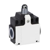 Limit switch, K series, top roller push plunger, 2 side cable entry. Dimensions compatible to EN 50047, plastic body, contacts 2NC snap action. Plastic roller