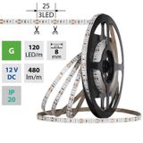 LED strip SMD2835 green, 120LED/m, 9.6W/m, DC 12V, 480lm/m, IP20, 8mm, 50m