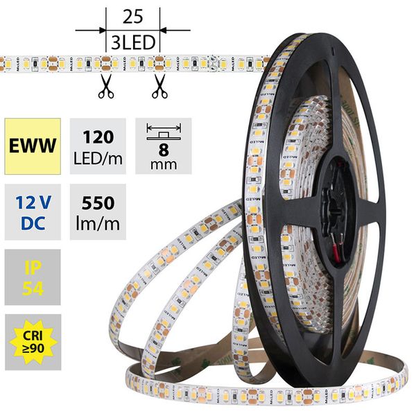 LED strip SMD2835 EWW, 120LED/m, 9,6W/m, DC 12V, 550lm/m, CRI90, IP54, 8mm, 5m image 1