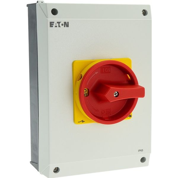 T5B-4-15682/I4/SVB Main switch, T5B, 63 A, surface mounting, 4 contact unit(s), 6 pole, 1 N/O, 1 N/C, Emergency switching off function, With red rotary handle and yellow image 12