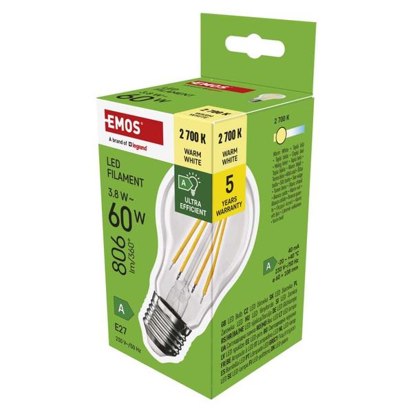 LED Bulb Filament A60 A CLASS / E27 / 3.8 W (60 W) / 806 lm / warm white image 1