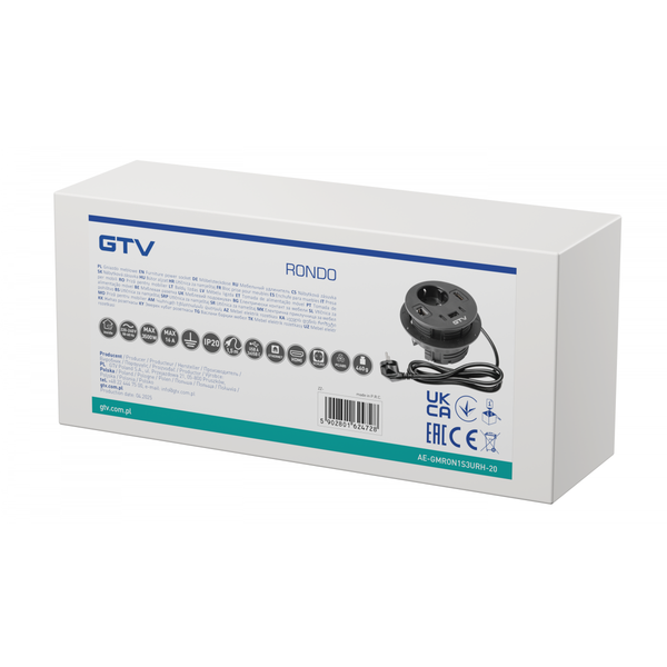 Furniture socket RONDO, 1xSHUKO, 1xUSB-A, 2xUSB-C, HDMI, RJ45 cable 1.5 m, black image 2