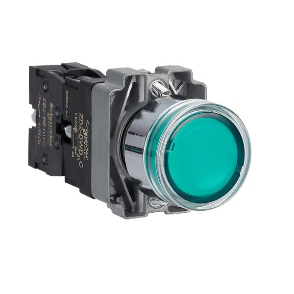 Easy Harmony XB2, light button, metal, flush, green, Ø22, with return, 24 V AC/DC, 1 NO image 1
