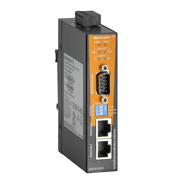Serial/Ethernet converter and Modbus TCP/RTU gateway, Number of ports: 2x RJ45 10/100BASE-T(X), 1x DB9 male for RS-232/422/485, IP30, -40 °C...70 °C image 1