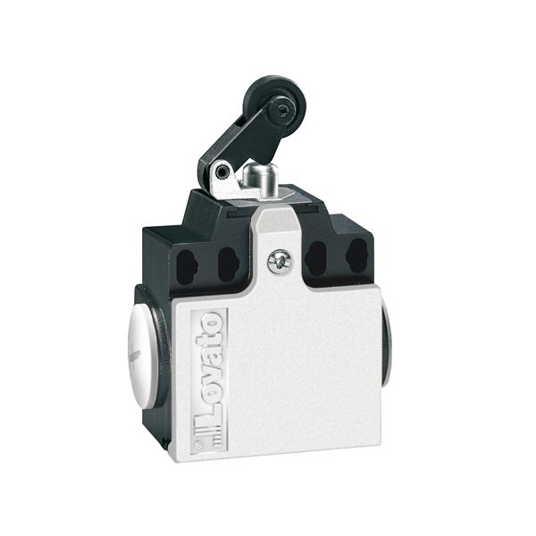 Limit switch, K series, roller centre push lever, 2 side cable entry. Dimensions compatible to EN 50047, plastic body, contacts 1NO+1NC slow action. Metal roller image 1