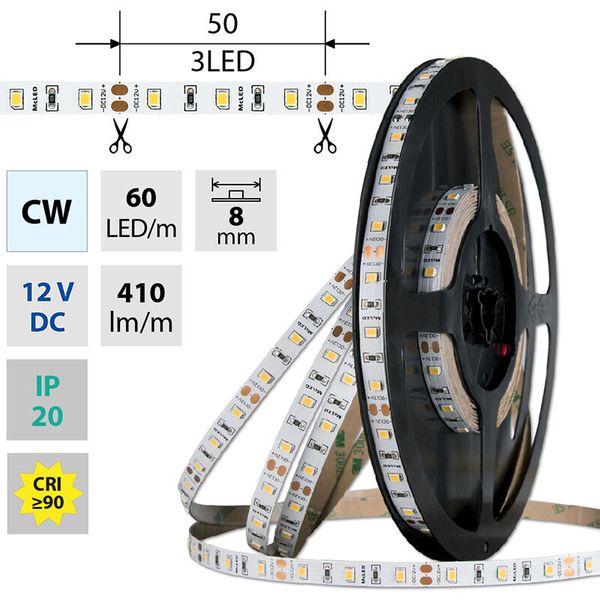 LED strip SMD2835 CW, 60LED/m, 4,8W/m, DC 12V, 410lm/m, CRI90, IP20, 8mm, 5m image 1